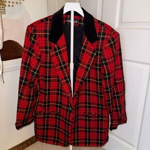 Vintage Red Black Tartan Plaid Blazer with Velvet Collar